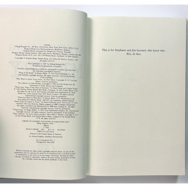 Misery Stephen King 1987 Viking HC True 1st Edition 1st Printing $18.95 DJ