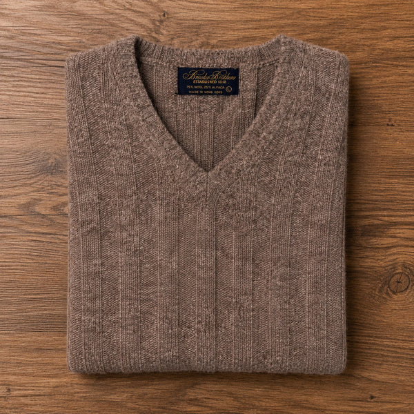 Brooks Brothers Mens L V-Neck Sweater Brown Wool Alpaca Cable Knit Vintage USA