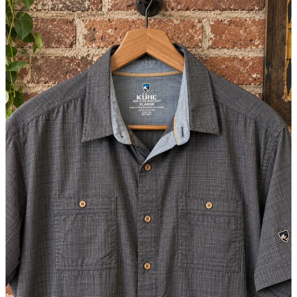 Kuhl Karib Stripe Shirt Men's XL Gray Short Sleeve Performance Button Up 7460