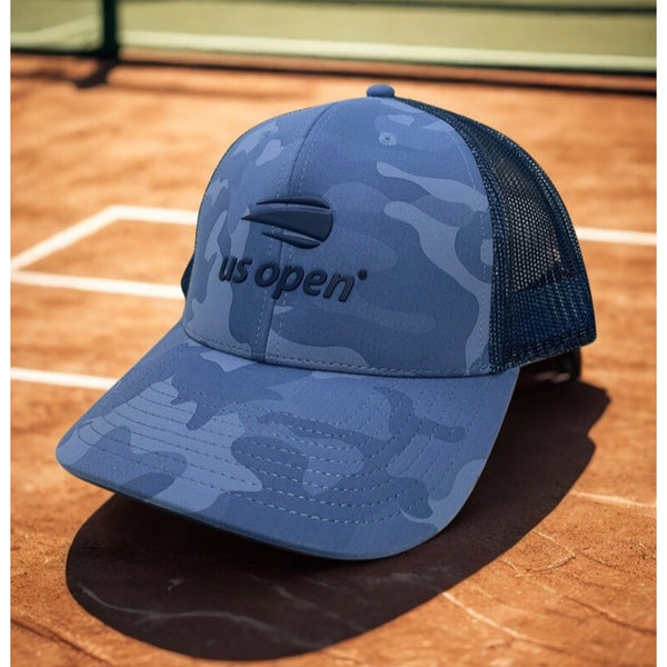 US Open Tennis American Needle Blue Camo Mesh Trucker Hat Adjustable EUC