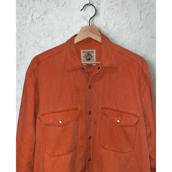 Banana Republic Adventure Outfitters Shirt M Orange Pearl Snap Safari 80s VTG