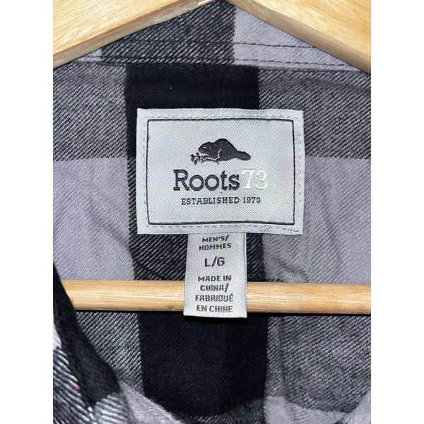 Roots 73 Spruce Lake Amazon Logo Plaid Flannel Shirt Men’s L Gray Black NWT
