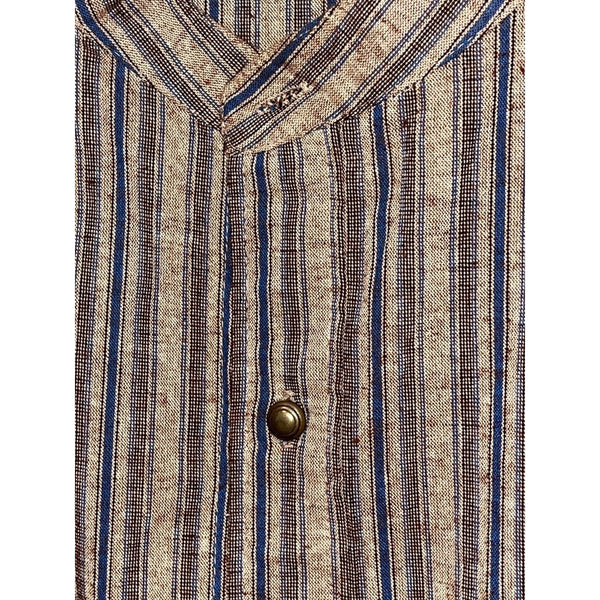 J. Peterman Grandad Band Collar Shirt Sz. XL Striped Brass Button Cotton Vintage