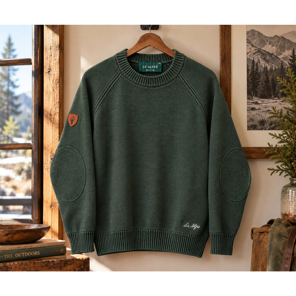 Le Alfré Crewneck Sweater Men's XL Hunter Green Cotton Elbow Patch Made Portugal