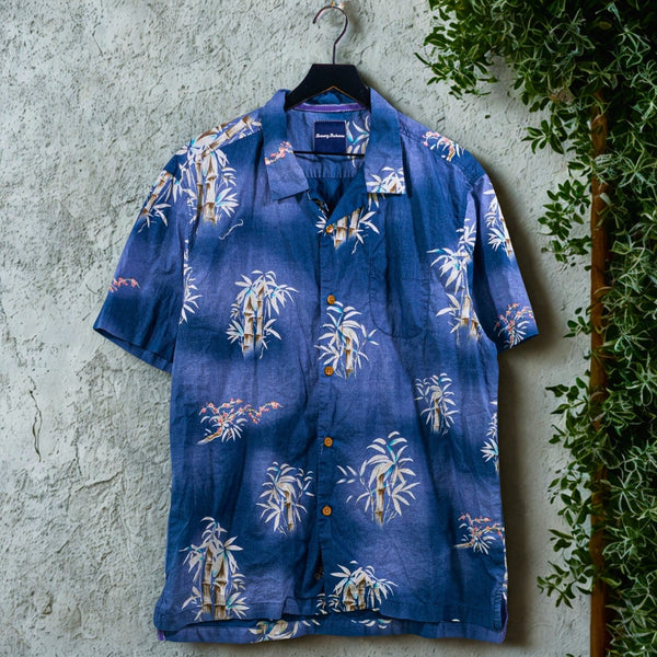 Tommy Bahama Bamboo Floral Camp Shirt Blue Hawaiian Button Up Men's XL Cotton