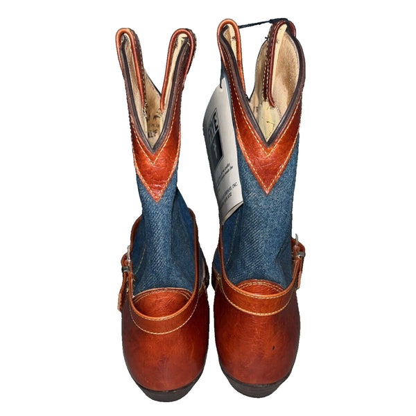 Frye Cowboy Boots Denim Brown Leather Silver Buckles Vintage Sz 8 RARE Deadstock