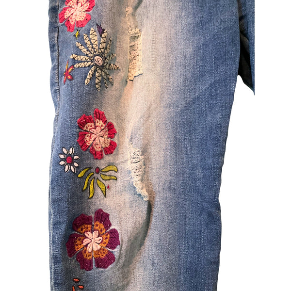 DESIGUAL Floral Embroidered Womens Graphic Skinny Jeans 30X27 18SWDD59 Y2K Vibes