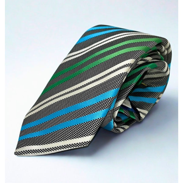 Eton Silk Neck Tie Made in England Blue Green Black White Striped Luxury Tie