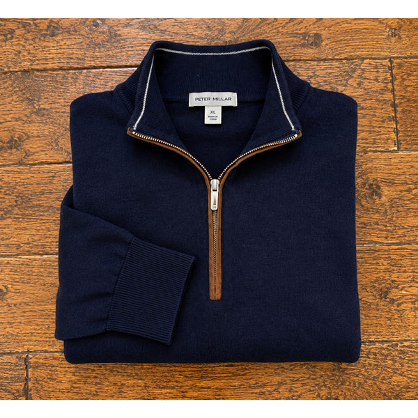 Peter Millar Crown Autumn Crest Merino Wool Suede Trim 1/4 Zip Navy XL $265