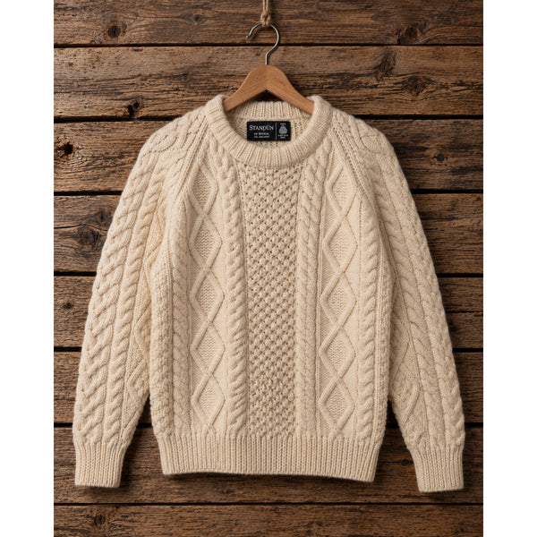 Standun Aran Irish Wool Fisherman Cable Knit Sweater Men's S Cream Handmade