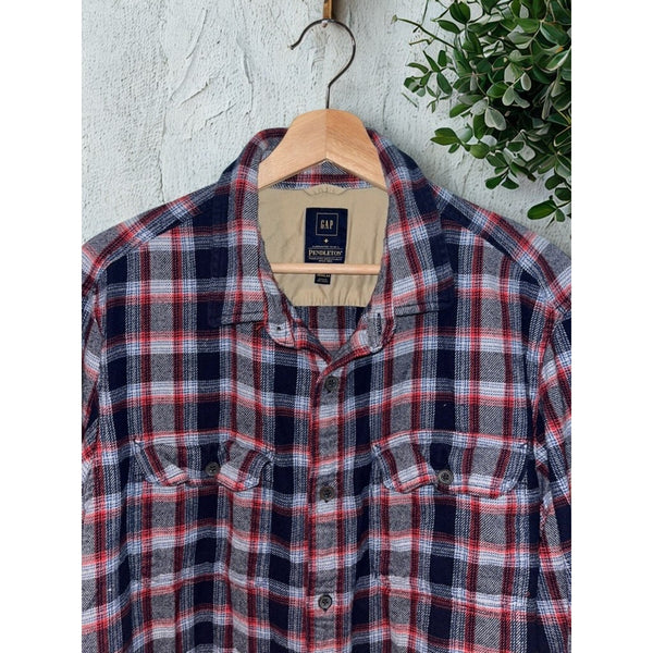 Gap x Pendleton Flannel Shirt Men XL Red Navy Plaid Cotton Double Pocket