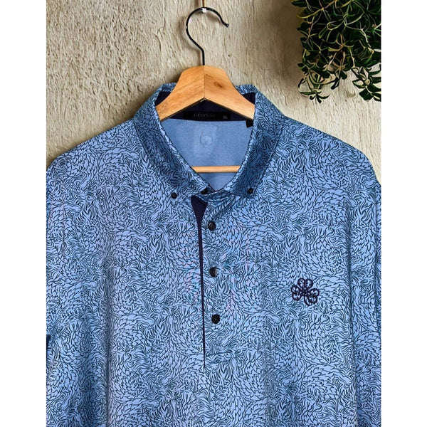 Greyson Erin Hills Den of Thieves Golf Polo Shirt XL Blue Dragon Print Stretch
