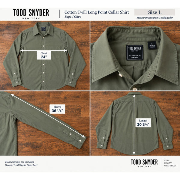 Todd Snyder Cotton Twill Long Point Collar Shirt Sage Olive Mens L Slim Fit