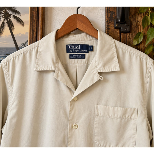 Polo Ralph Lauren Caldwell Camp Shirt Ivory Silk Cotton Loop Collar Men's Small