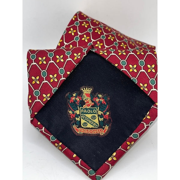 Paolo Gucci Silk Tie Vintage Made in Italy Hand Finished Red Geometric 100% Silk