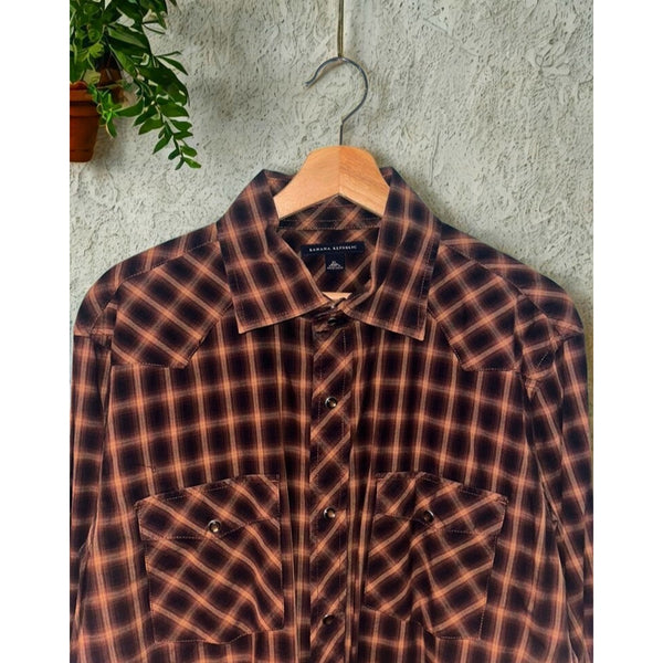 Banana Republic Western Pearl Snap Shirt XL Brown Plaid Vintage Cowboy L/S
