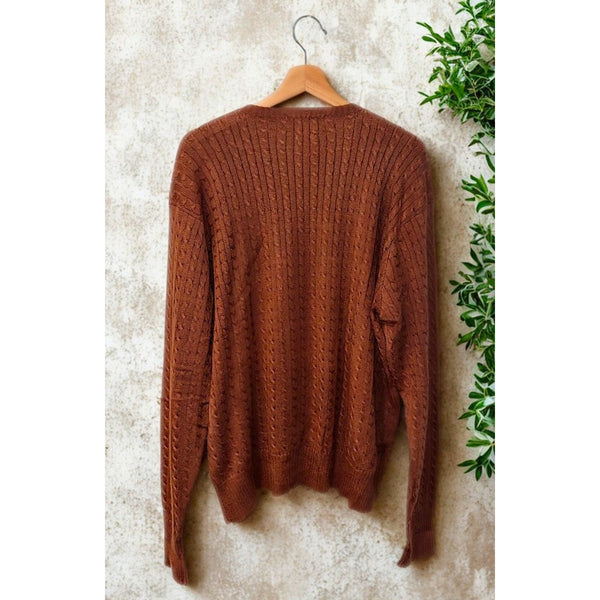 Polo Ralph Lauren Sweater Mens XL Brown Cable Knit V Neck Cotton Silk Preppy