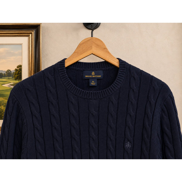 Brooks Brothers Navy Blue Cable Knit Cotton Crewneck Sweater Men's XL NWT $108