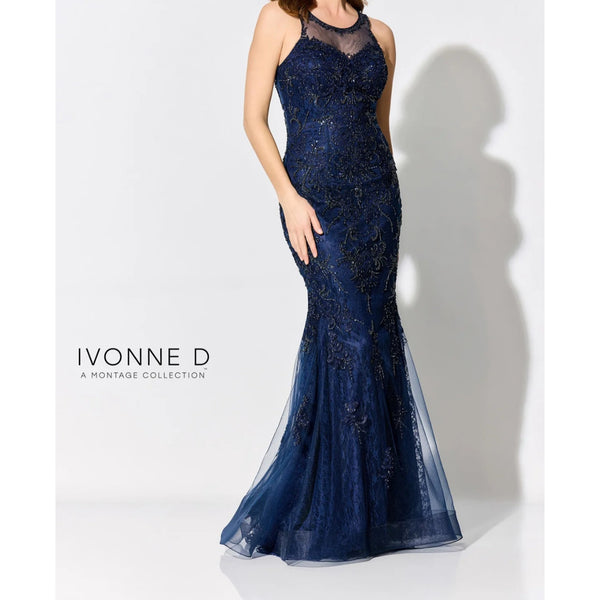 Ivonne D For Mon Cheri ID310 Scoop Neck Embroidered Navy Dress Sz. 12 (SAMPLE)