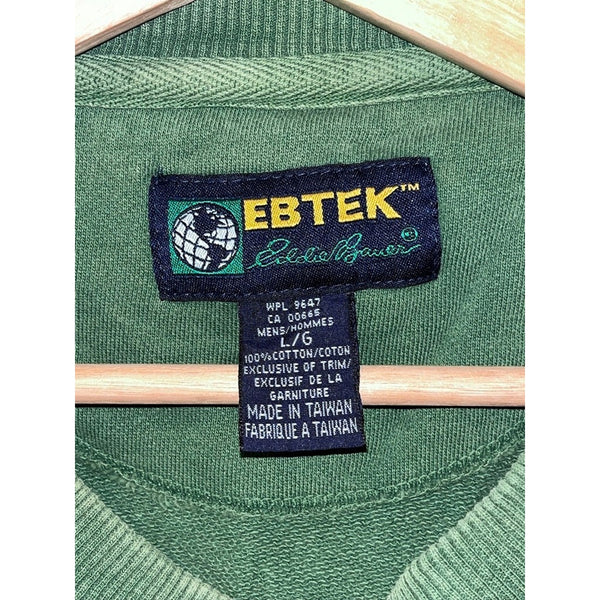 Eddie Bauer EBTEK Crew Sweatshirt Sz L Green 100% Cotton Y2K Gorpcore Vintage