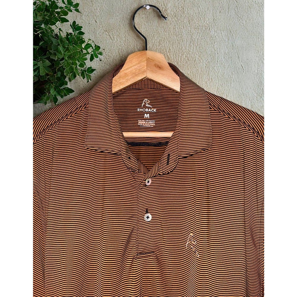 Rhoback Polo Shirt Men's Medium Orange Black Striped Performance Golf Stretch