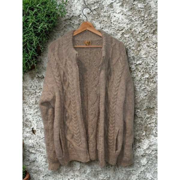 Anncraft Donegal Irish Wool Fisherman Sweater L Full Zip Cable Knit Vintage