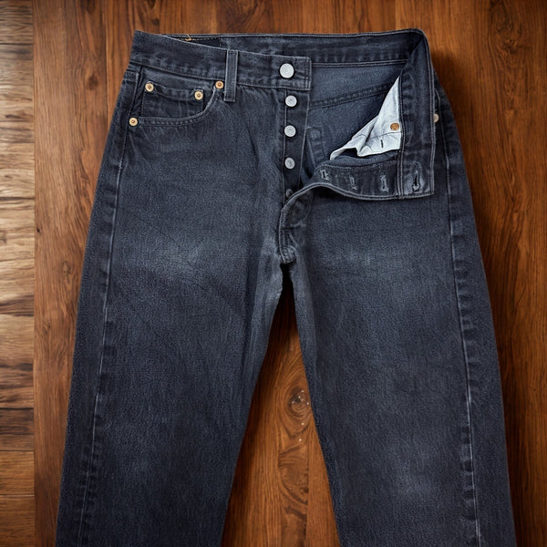 Levi's 501 Jeans USA Made Black Faded Denim Button Fly 28x30 1997 Vintage