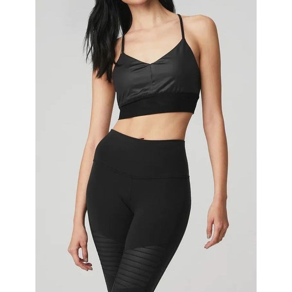 Alo Yoga Lavish Strappy Sports Bra Black Glossy Mesh XS NWT