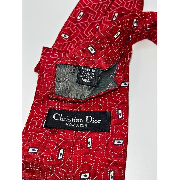 Christian Dior Monsieur Geometric Red Silk Tie Made in USA Fabric VTG