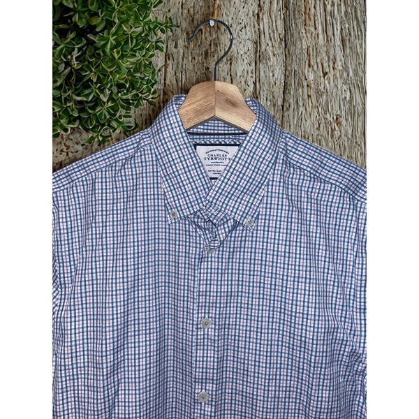 Charles Tyrwhitt Dress Shirt Non Iron Extra Slim Fit Check Men's 16/35