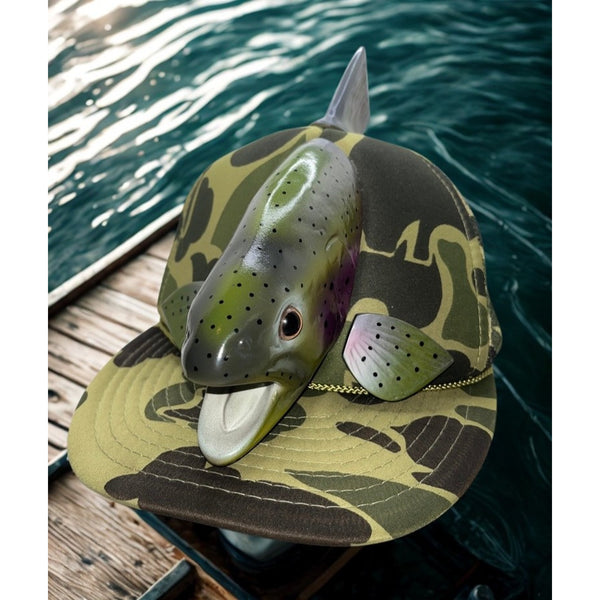 Angler's Expressions 3D Trout Fish Snapback Camo Trucker Hat 1989 VTG Vintage