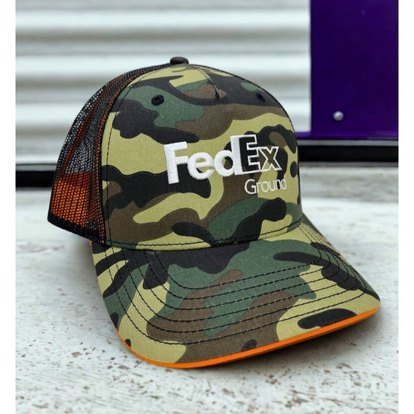 FedEx Ground Camo Trucker Hat Snapback Orange Black Mesh Delivery Driver Cap