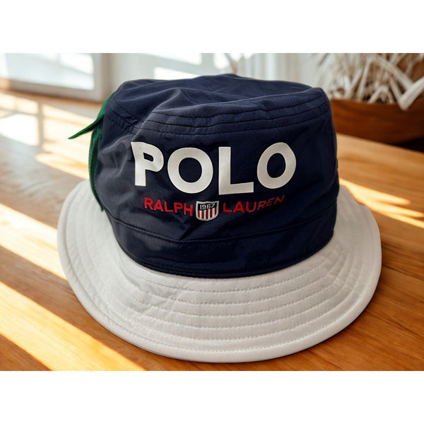 Polo Ralph Lauren Bucket Hat Nylon Navy White Pocket Adjustable S/M EUC