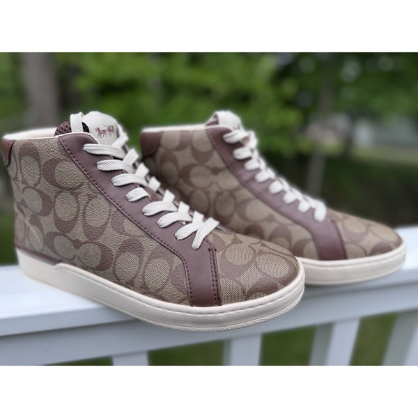 Coach Clip High Top Sneakers G5367 Sig PVC Khaki Saddle Women’s 10B NIB