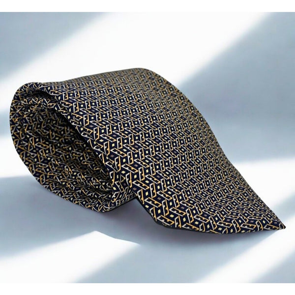 Fendi Cravatte Vintage Silk Tie Navy Gold All Over FF Logo Made in Italy EUC