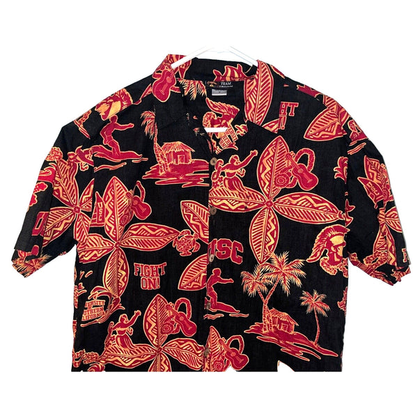 USC Team Trojans NCAA Luau Hawaiian Surfing Print Button Up Casual Shirt Sz. M