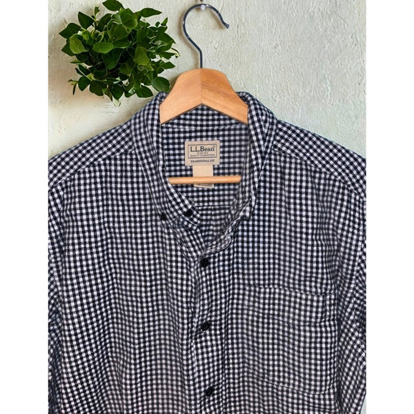 LL Bean Mens Large Black White Micro Plaid Scotch Flannel Button Down Shirt L