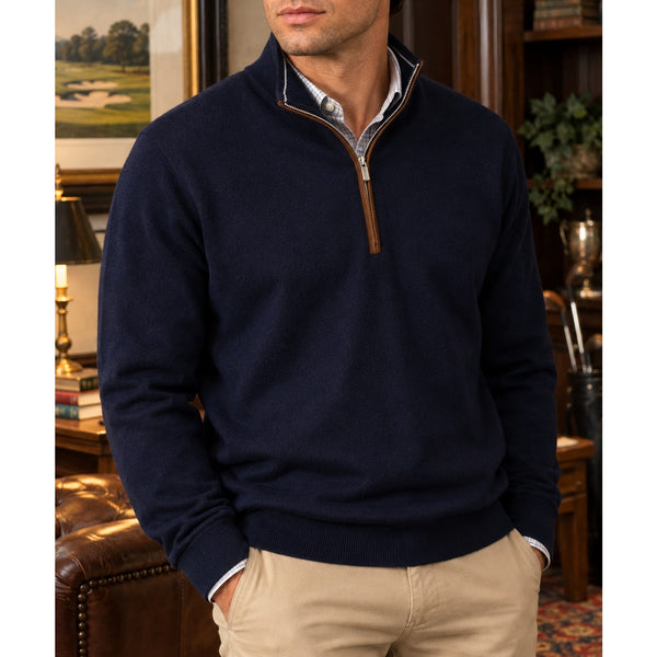 Peter Millar Crown Autumn Crest Merino Wool Suede Trim 1/4 Zip Navy XL $265