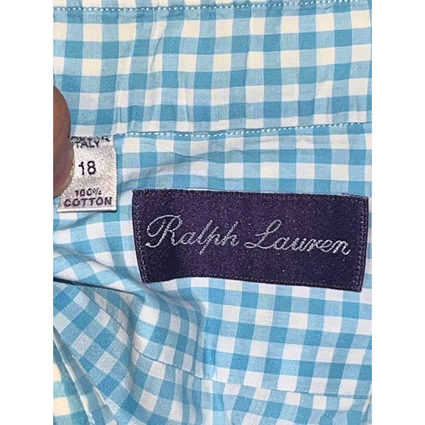 Ralph Lauren Purple Label Dress Shirt Blue Check Cotton Italy Men's Size 18 EUC