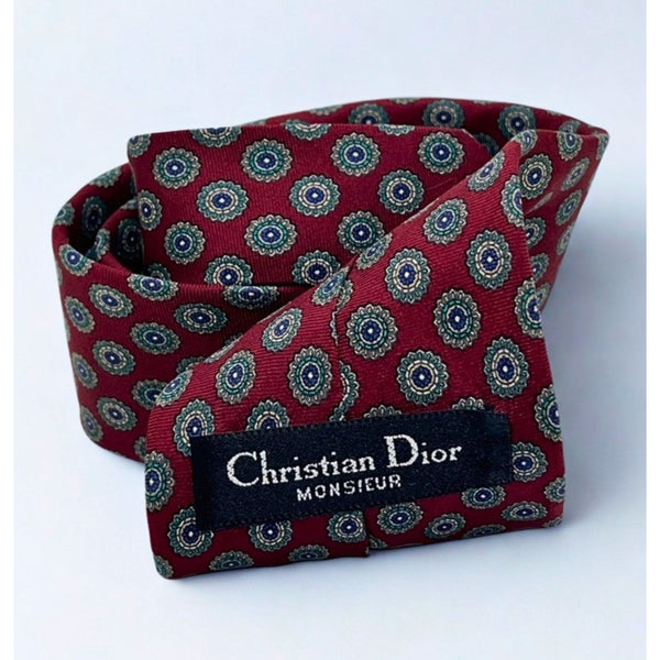 Christian Dior Monsieur Silk Tie Red Geometric Medallion Vintage Made in USA