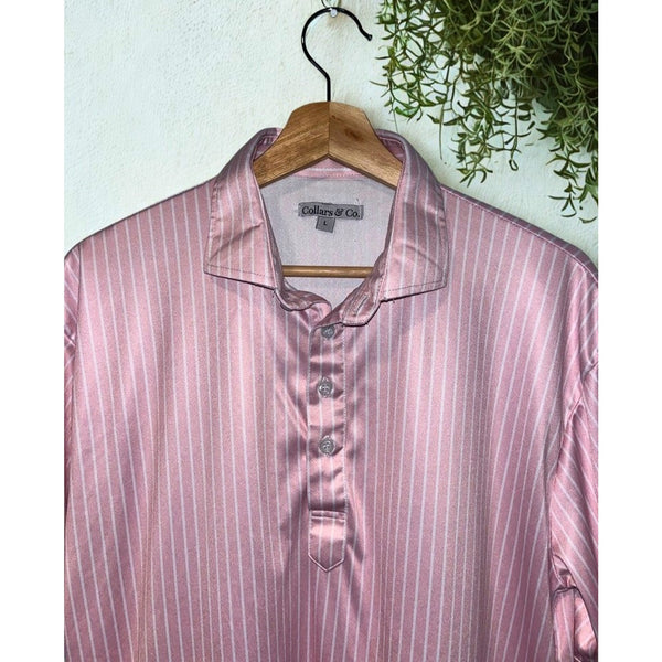 Collars & Co L Pink Stripe Performance Polo Dress Collar Golf Shirt EUC