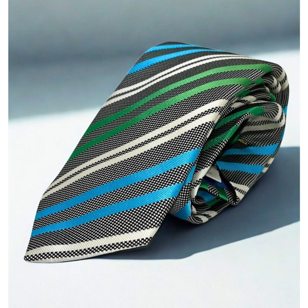 Eton Silk Neck Tie Made in England Blue Green Black White Striped Luxury Tie