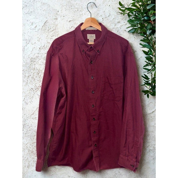 LL Bean Flannel Shirt Mens XL Tall Burgundy Red Houndstooth Button Down Pocket