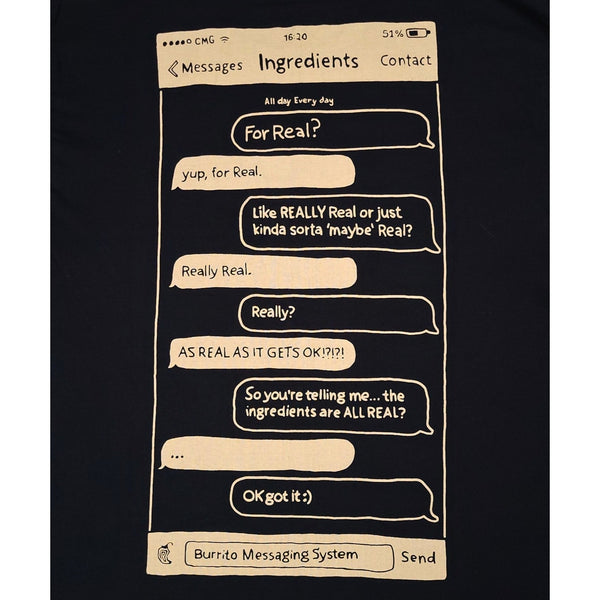Chipotle Employee T Shirt For Real Ingredients Text Message Black Unisex L
