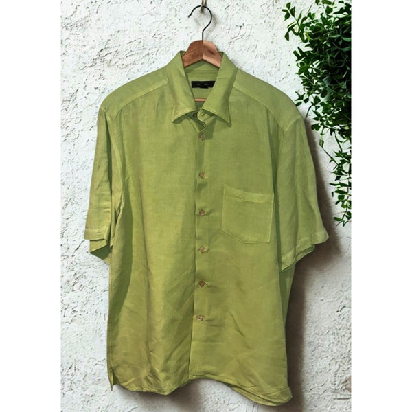 Ermenegildo Zegna Linen Blend Shirt Mens L Green Italy Camp Button Pocket Luxury