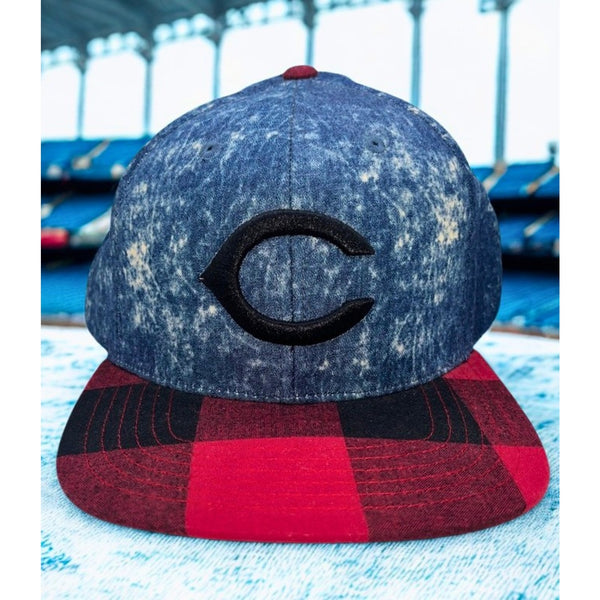 Cincinnati Reds American Needle Cooperstown Denim Plaid Strapback Hat OSFA MLB