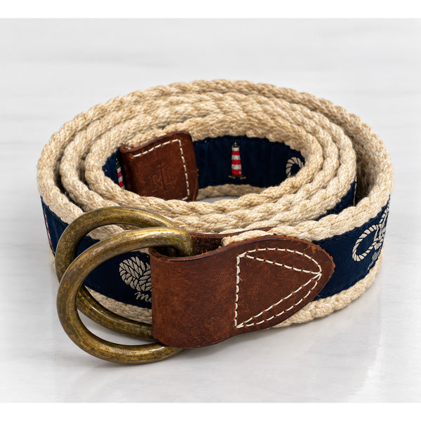 Polo Ralph Lauren Nautical Rope Belt Size 38 Lighthouse Knots D-Ring Vintage