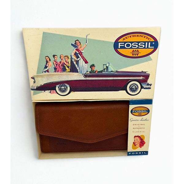 Fossil Saddle Cargo Flap Clutch Wallet Brown Leather NWT Y2K w Box