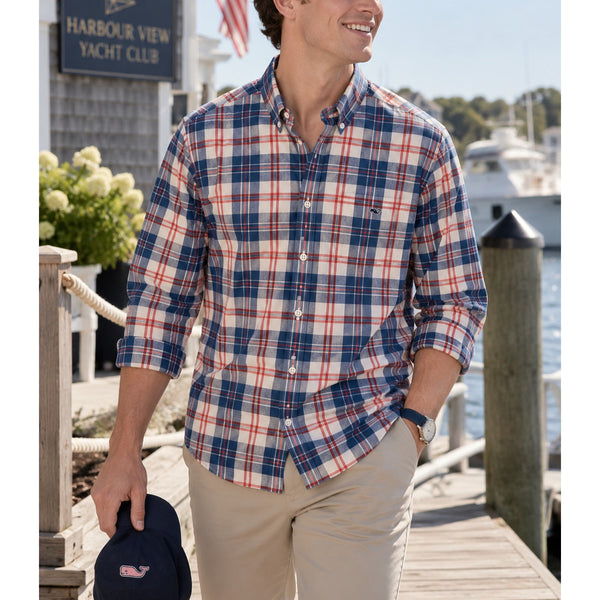 Vineyard Vines Performance Slim Tucker Shirt Men's XL Dorchester Plaid Blue Red