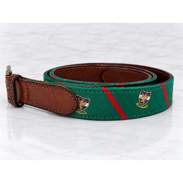 Polo Ralph Lauren Leather Trim Silk Jacquard Belt Men's 38 Green Crest Stripe